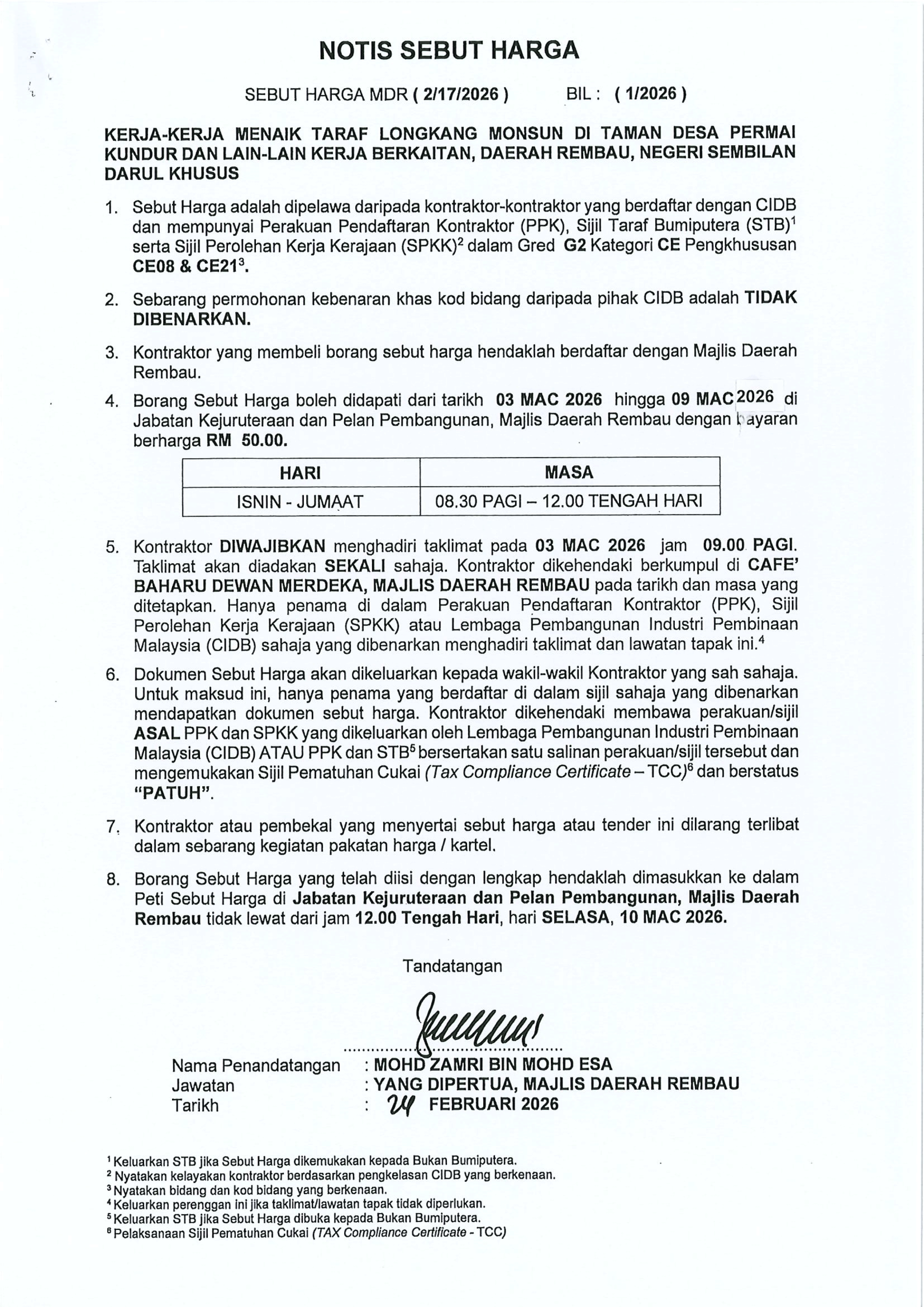 Iklan Sebutharga Majlis Daerah Rembau 2026