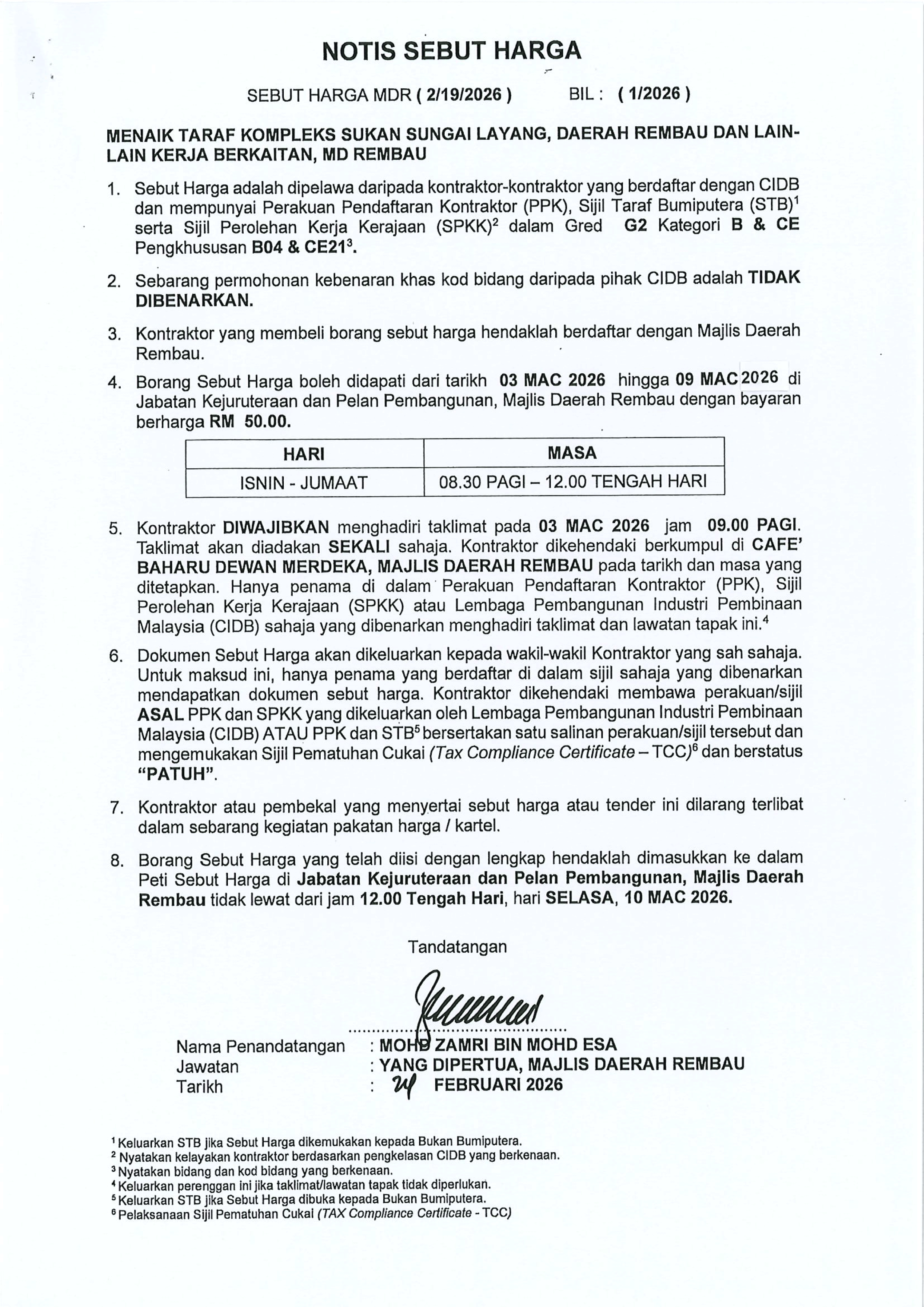 Iklan Sebutharga Majlis Daerah Rembau 2026