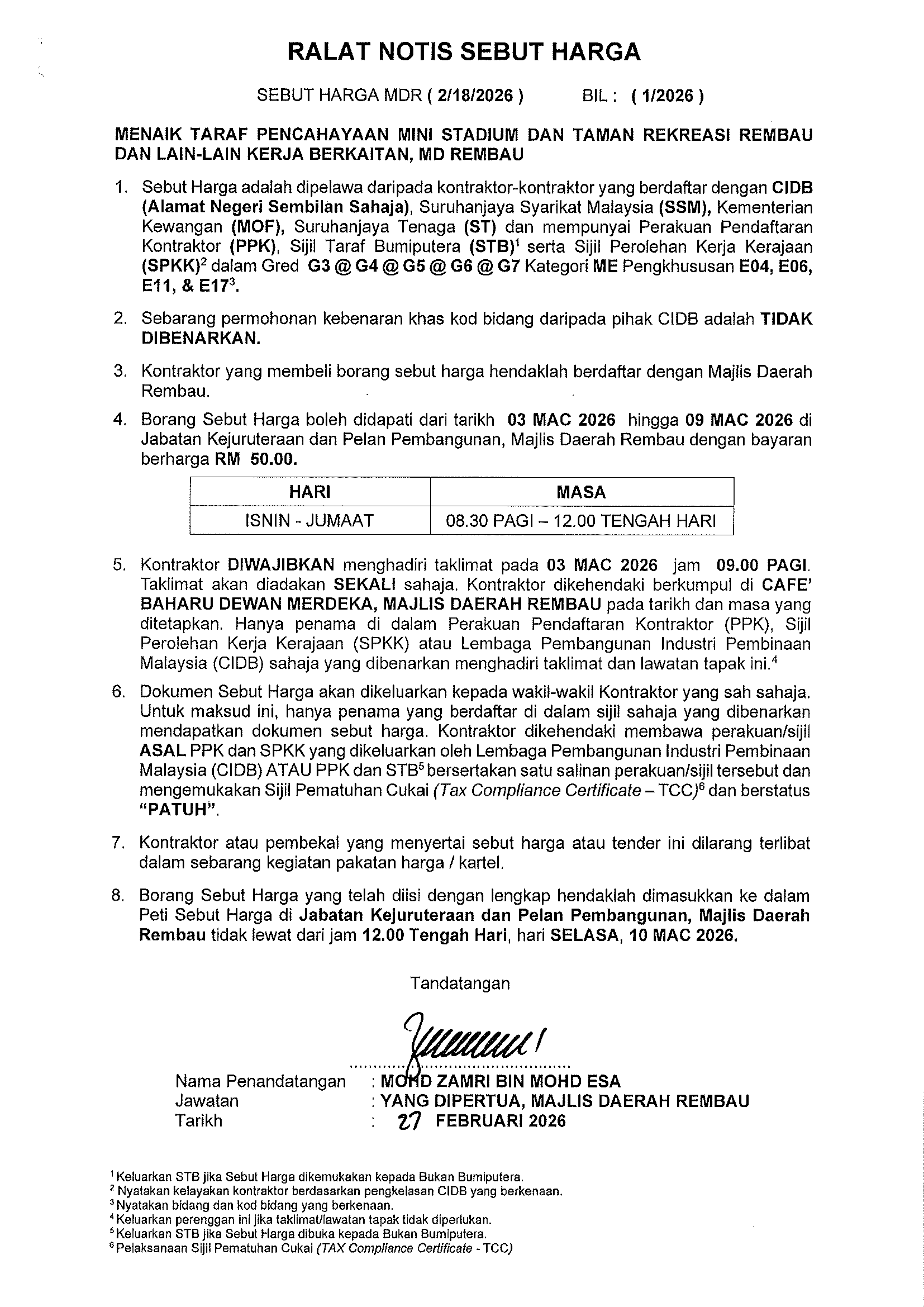 Iklan Tender Sebut Harga 2026